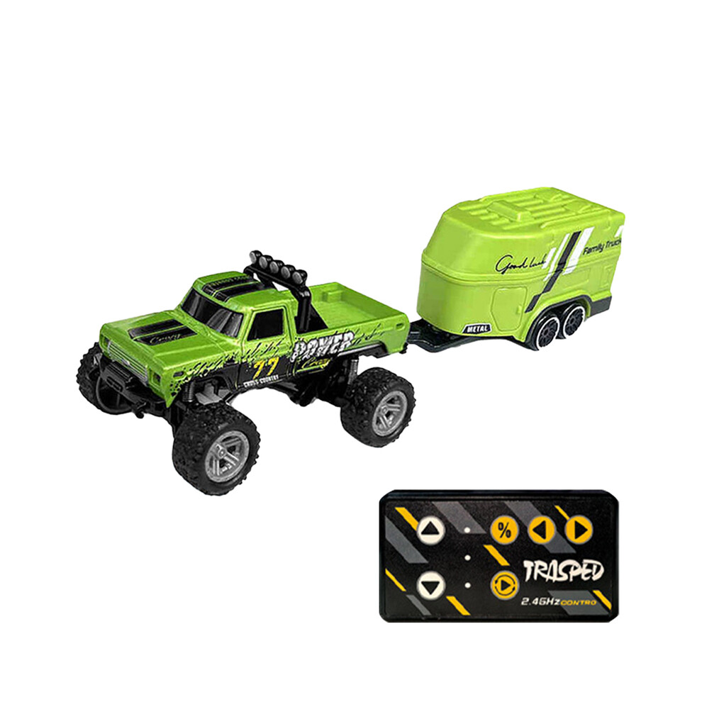 Maxpower (Green) Mini Rc Monster Truck With Lights & Trailer All Terrain Off-Road Truck Toy 1:64 Scale Adjustable Speed/Steering