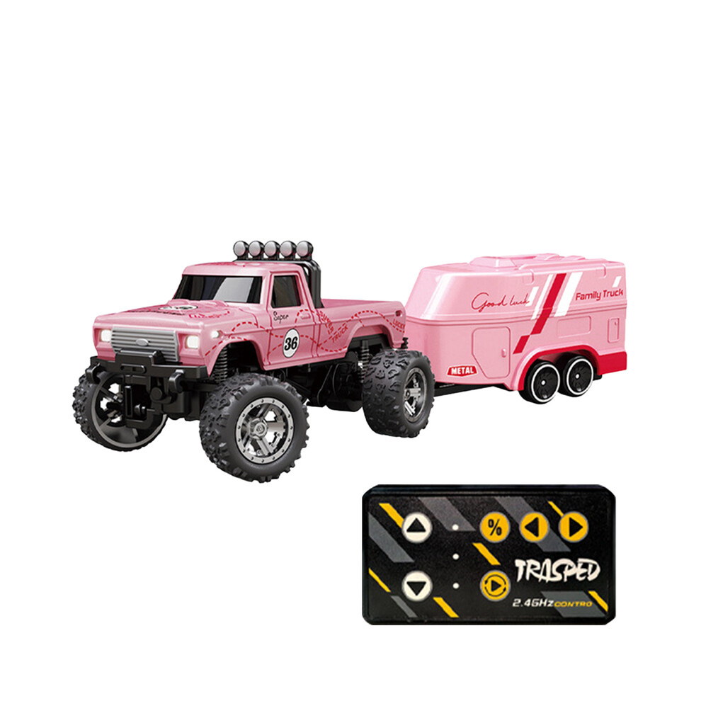 Maxpower (Pink) Mini Rc Monster Truck With Lights & Trailer All Terrain Off-Road Truck Toy 1:64 Scale Adjustable Speed/Steering