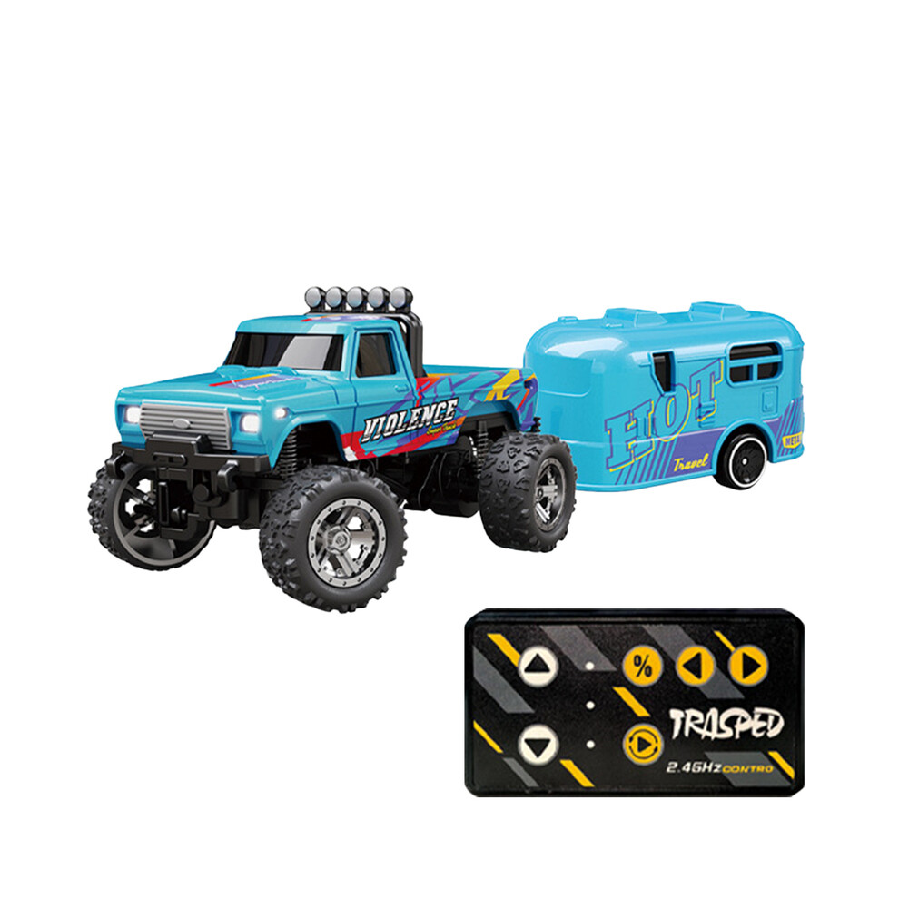 Maxpower (Blue) Mini Rc Monster Truck With Lights & Trailer All Terrain Off-Road Truck Toy 1:64 Scale Adjustable Speed/Steering