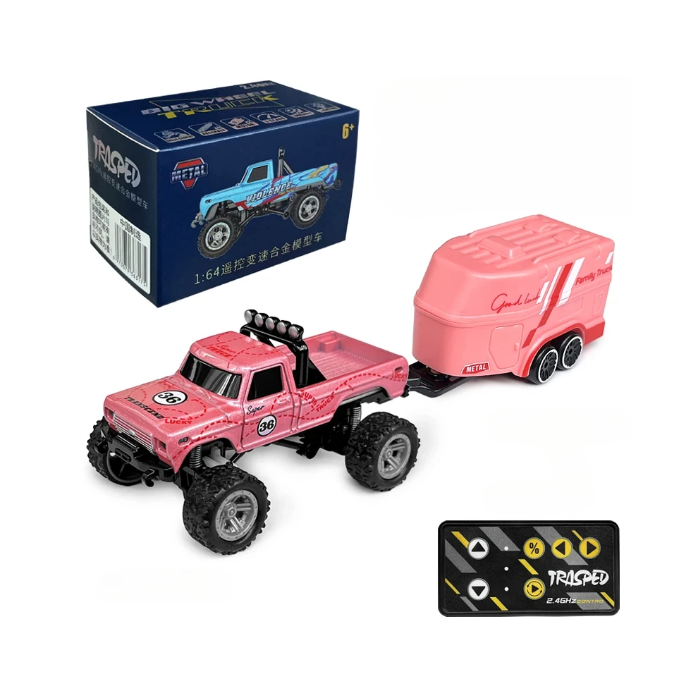 Maxpower (Pink Trailer) Rc Off-Road Monster Truck 1/64 Remote Control Mini Climbing Car, Alloy Material, 2.4G Remote Control