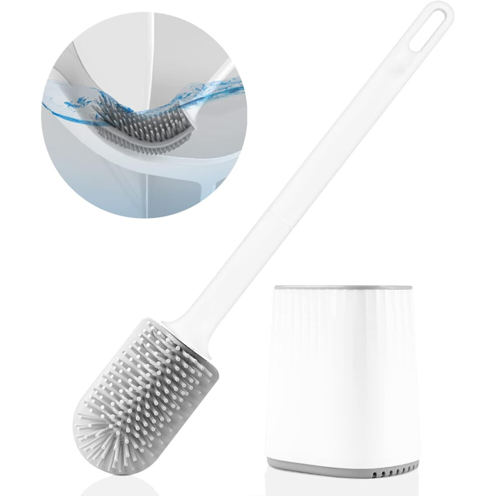 Toilet Brush, Silicone Toilet Brush with 3-in-1 Multi-Function Brush Head and Quick-Drying Holder, Wall-Mounted Toilet Broom for Bathroom (White)