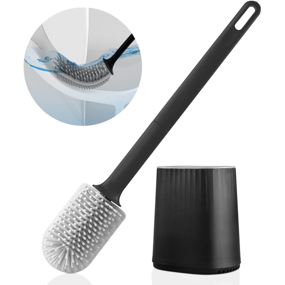 Toilet Brush, Silicone Toilet Brush with 3 in 1 Multi-Function Brush Head and Quick-Drying Holder, Wall-Mounted Toilet Broom for Bathroom (Black)