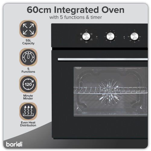 Baridi 60cm Built-In Five Function Fan Assisted Electric Oven with Timer, 55L Capacity, Black - DH110 2