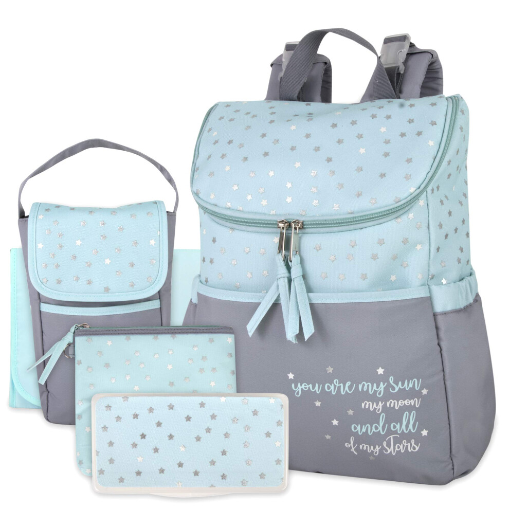 Baby Essentials Diaper Bag Backpack 5 Piece Set with Sun  Moon  and Stars  Wipes Pocket  Stroller Straps  Dirty Diaper Pouch  Changing Pad (