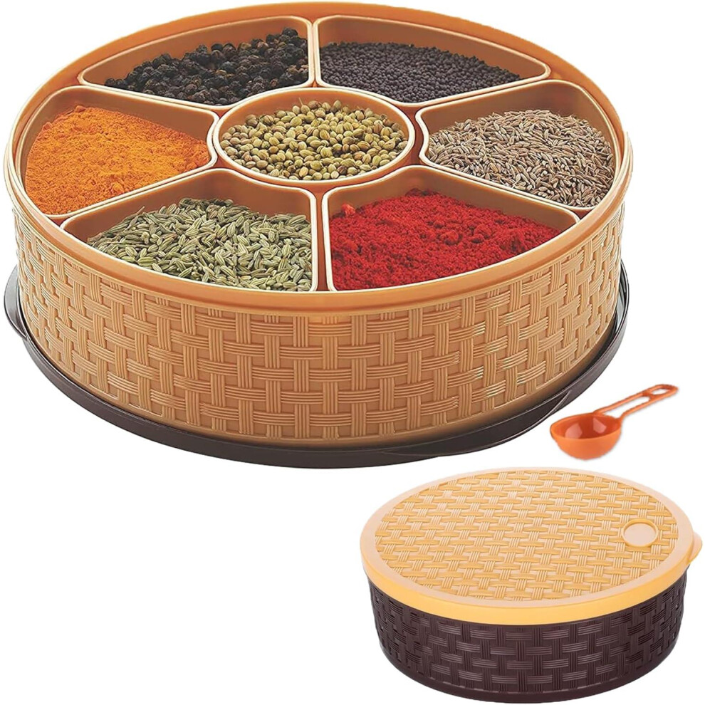 (Round) MantraRaj Plastic Spice Box with 7 Compartments Multipurpose Masala Dabba Organizer for Kitchen Airtight, Leak-Proof, Food Grade Material