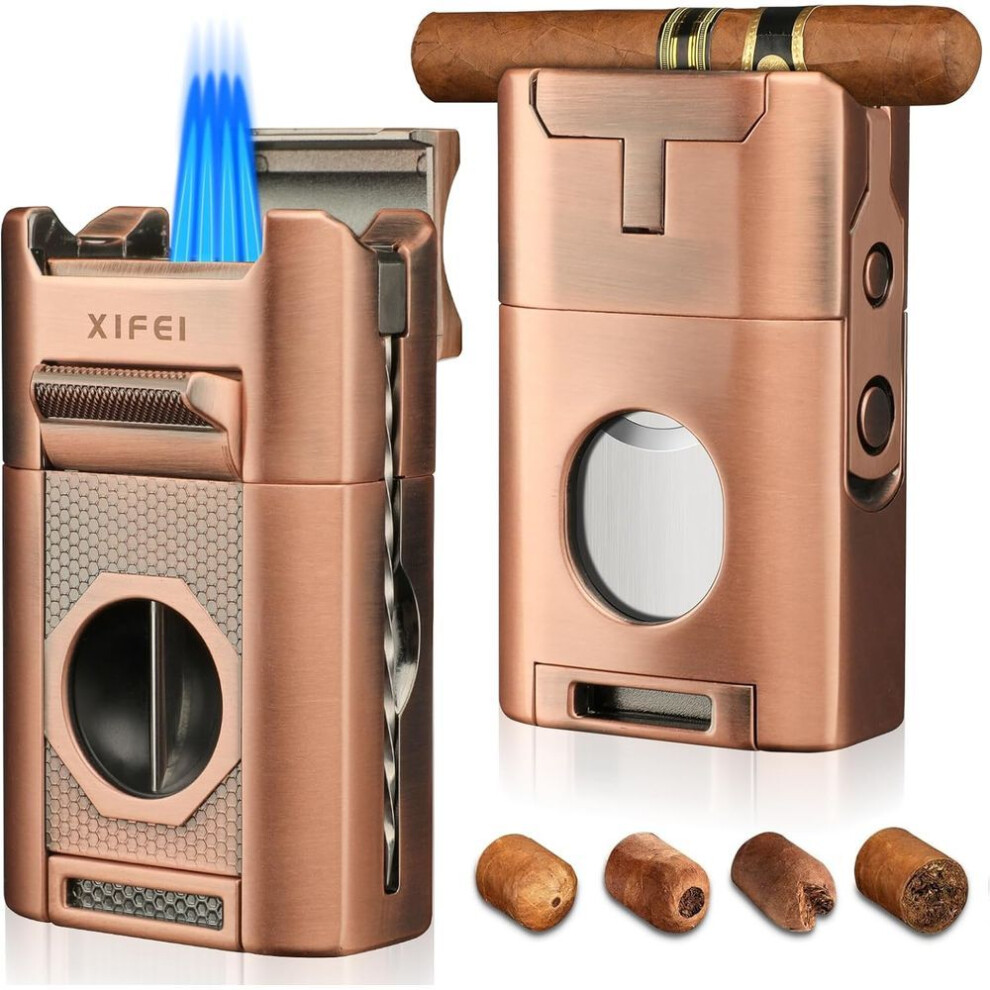 Yeuligo 6-In-1 Cigar Lighter, Desktop Torch Lighter With Straight Cut V-Cut Cigar Cutter, Dual Cigar Punch, Cigar Draw Enhancer
