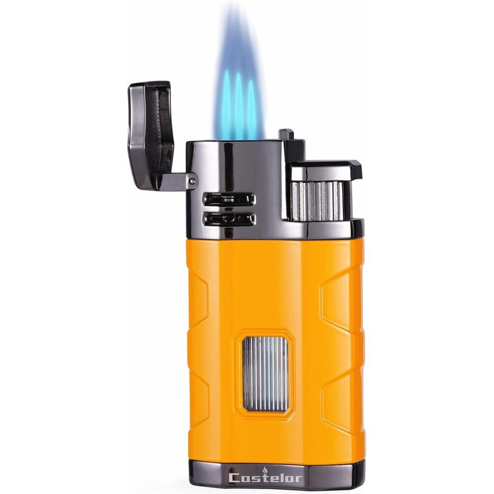 Yeuligo Cigar Torch Lighter Triple Jet Flame Butane Refillable With Cigar Punch Rest Holder - Butane Not Included