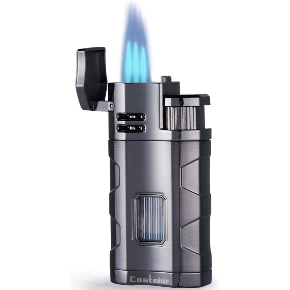 Yeuligo Cigar Torch Lighter Triple Jet Flame Butane Refillable With Cigar Punch Rest Holder - Butane Not Included