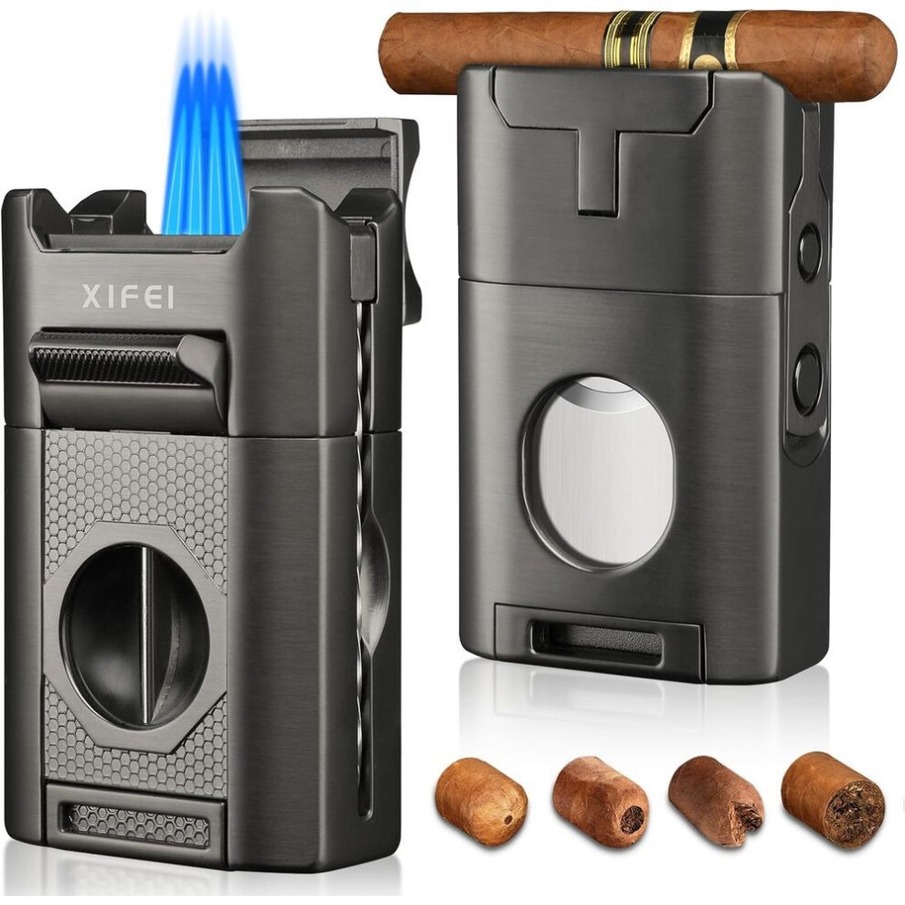 Yeuligo 6-In-1 Cigar Lighter, Desktop Torch Lighter With Straight Cut V-Cut Cigar Cutter, Dual Cigar Punch, Cigar Draw Enhancer