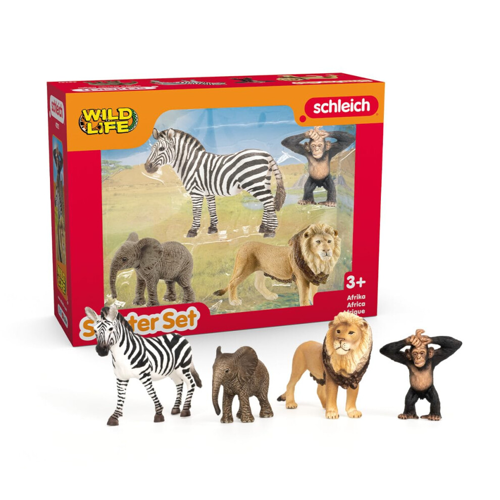 Schleich Wild Life Africa Starter Set - 4-Piece Wildlife Animal Set For Ages 3+ Featuring Zebra Elephant Calf Lion Chimpanzee