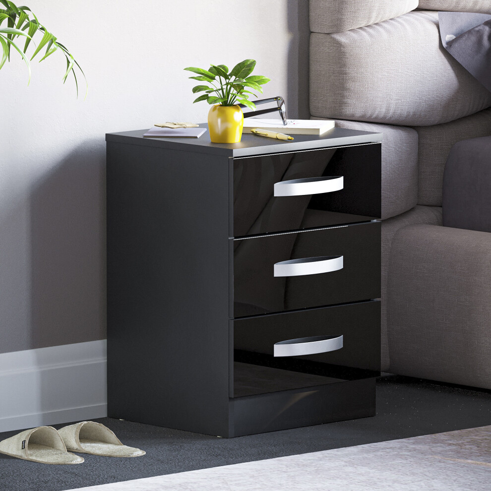 (Black) Hulio 3 Drawer Bedside Table Cabinet Nightstand