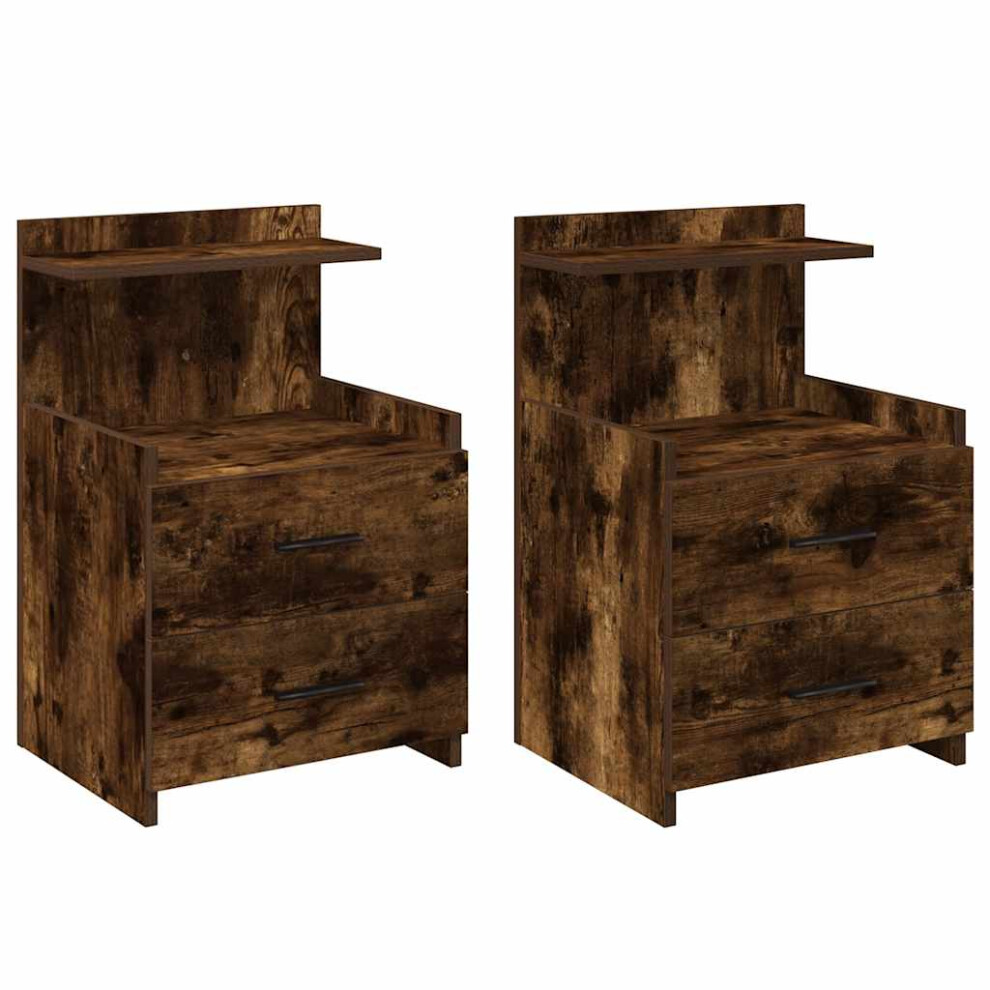 Vidaxl (Smoked Oak, 2 Pcs) Bedside Cabinet With 2 Drawers Nightstand Side Table Bed Table