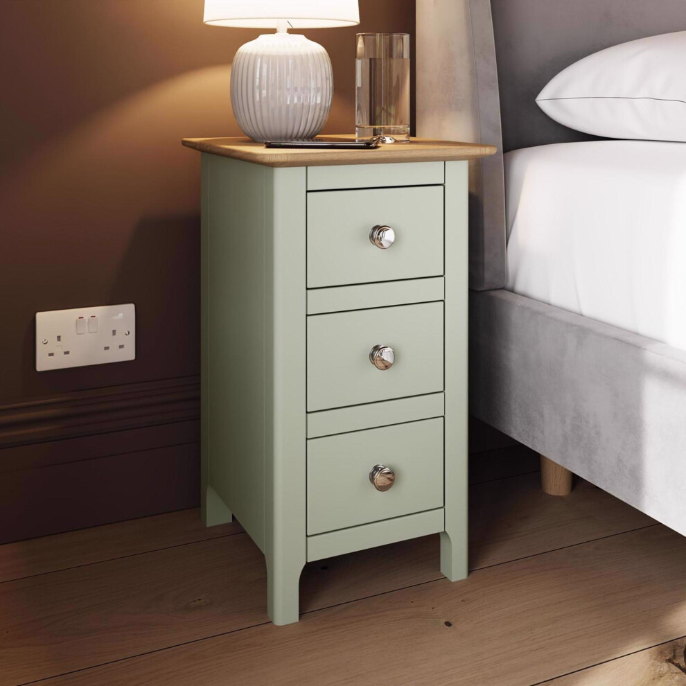 Slim 3 Drawer Bedside Table Nightstand Solid Oak Painted Finish Sage Green