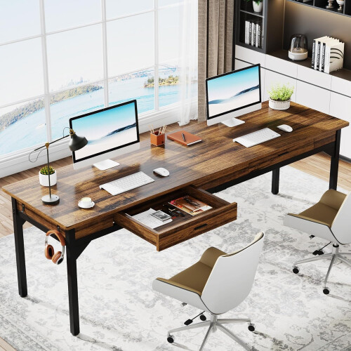 Tribesigns Bureau d'ordinateur double Tribesigns de 200 cm de long avec 2 tiroirs, bureau d'?criture, bureau
