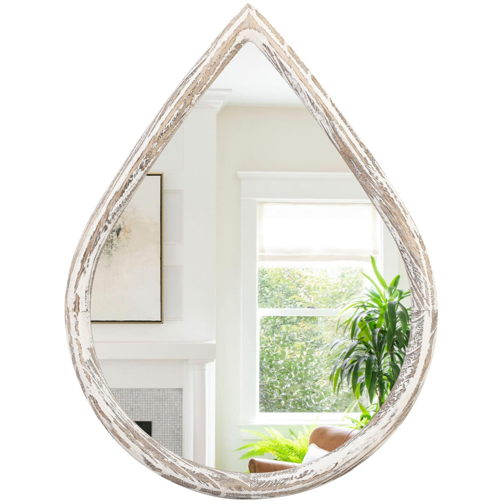 FEUFOAM Small Wall Mirror Wood Frame Mirror Rustic White Teardrop Mirror Farmhouse Decorative Hanging Mirrors for Bathroom Living Room Entryway