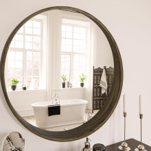 EssOAKence Round Oak Solid Wood Mirror, 24-Inch, White Narrow-Top Wide-Bottom Frame, Modern Decorative Makeup Mirror for Bathroom, Bedroom, Living