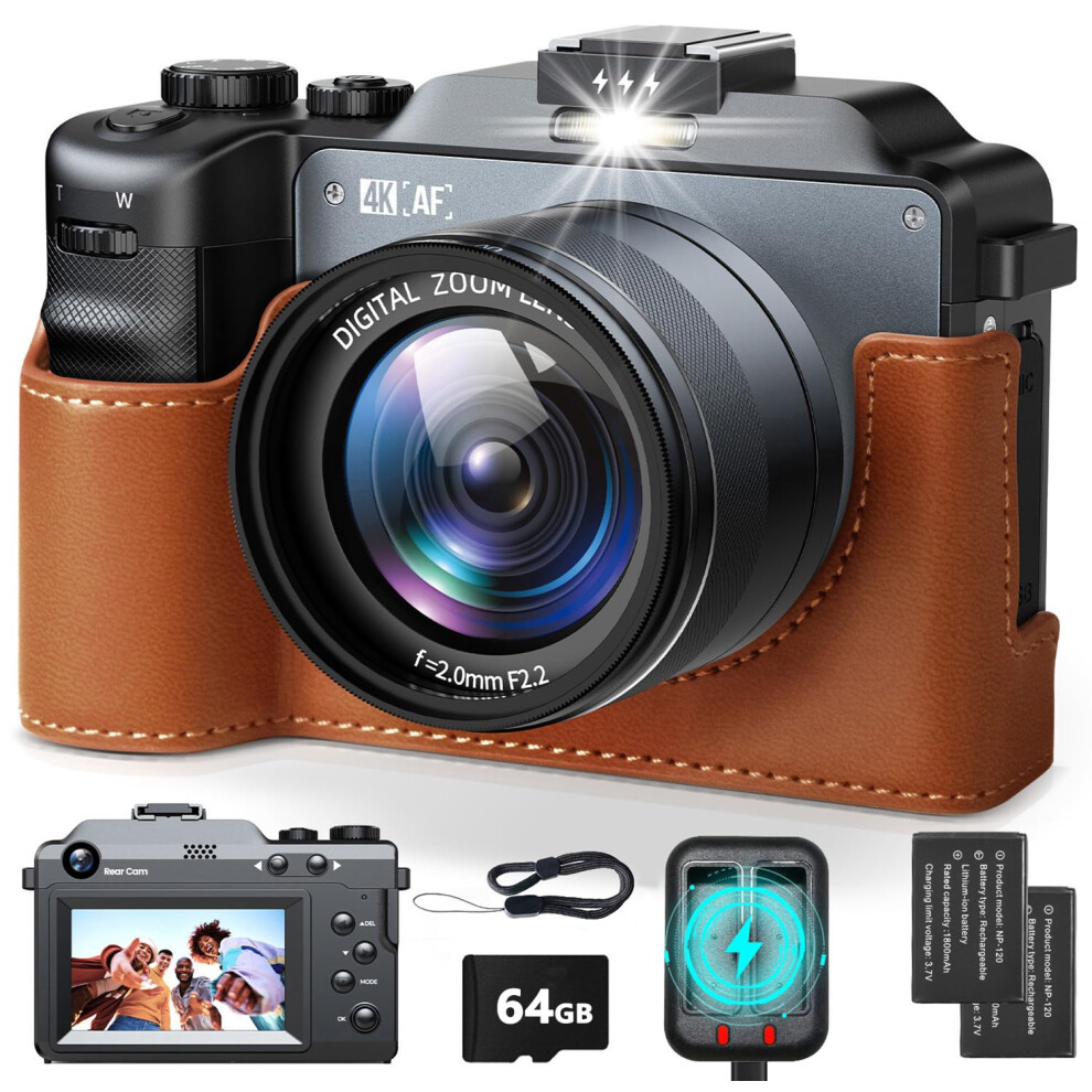 4K Digital Camera, 64MP Autofocus Vlogging Camera with 64G SD Card, 18X Digital Zoom Photography Camera for Youtube Travel, Compact Camera with 3.0
