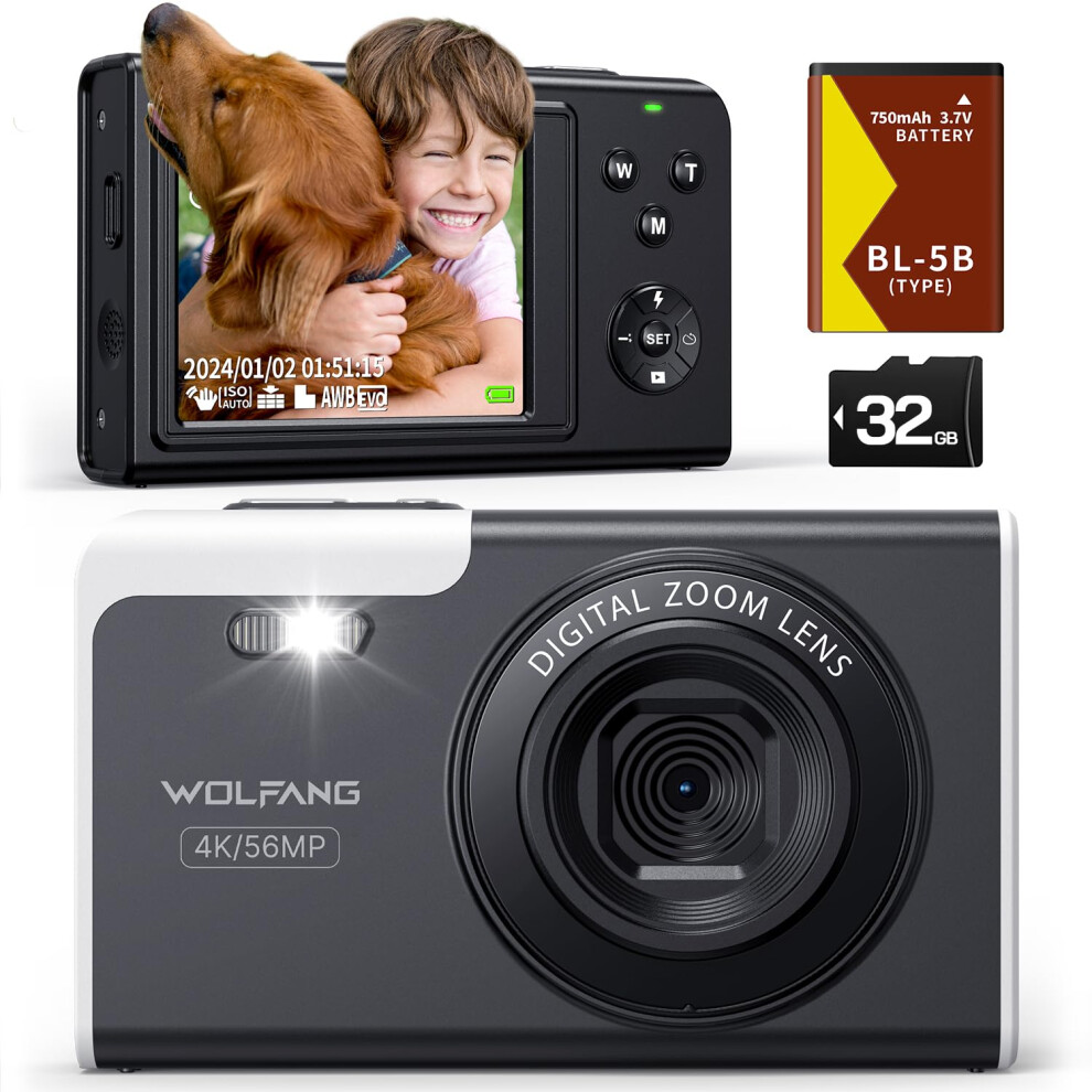 Wolfang Digital Camera, 4K Kids Camera For Photography, 56Mp Compact Vlogging Camera, 16X Digital Zoom Video Camera, Auto Focus Point And Shoot 850067892038