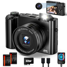 Digital Camera 4K 64MP Autofocus Vlogging Camera with Rear and Front Camera, 4K Compact Digital Camera with 32GB Card, 16X Digital Zoom, 2 Batteries,