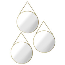 Set of Three Round Wall Mirrors with Gold Metal Rim and Chain, 25 cm, Set of 3, Gold. Suitable for bedroom, bathroom, hallway, living room or any