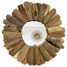 Round Driftwood Mirror 60cm Vintage Rustic Natural Frame Bathroom Wall Art Decor