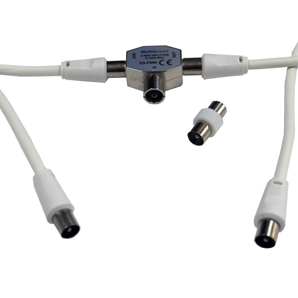 Electrosmart 5M Freeview Tv Aerial Splitter Kit Includes 1.5M Coax 5M Coax Splitter & Adaptor White 5060227799991