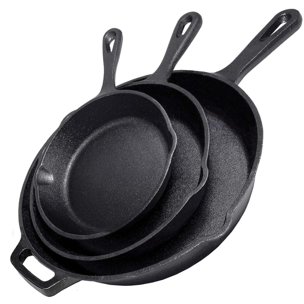 Simple Chef Cast Iron Skillet 3-Piece Set - 12", 10", 8" Heavy Duty Pans - Professional Restaurant Chef Quality Pre-Seasoned Pan Cookware Set