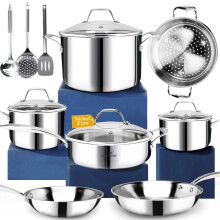 HOMICHEF 14-Piece Nickel Free Stainless Steel Cookware Set Whole-Clad 3-Ply - Mirror Polished Pots And Pans Set - Healthy Cookware Set With Steamer -