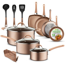 Nutrichef NCCW14S Pots and Pans Set Cookware, Aluminum Nylon Silicone, Gold