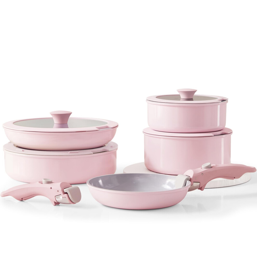 Vkoocy Pink Non Stick Pot and Pan Sets with Removable Handle, Ceramic Cookware Set Detachable Handle, Induction Kitchen Camping Stackable Pots Pans,-image-OPC-PG9DKGQ-NEW