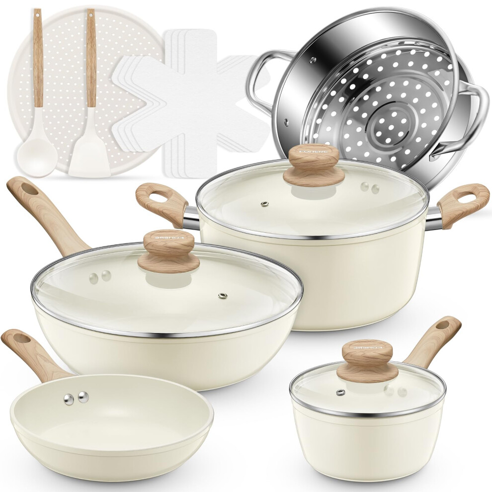 Pots and Pans Set Non Stick, Ceramic Cookware Set, Induction Kitchen Cookware Sets Nonstick with Lid, Pizza Pan, Food Steamer, Saucepans, Frying Pans