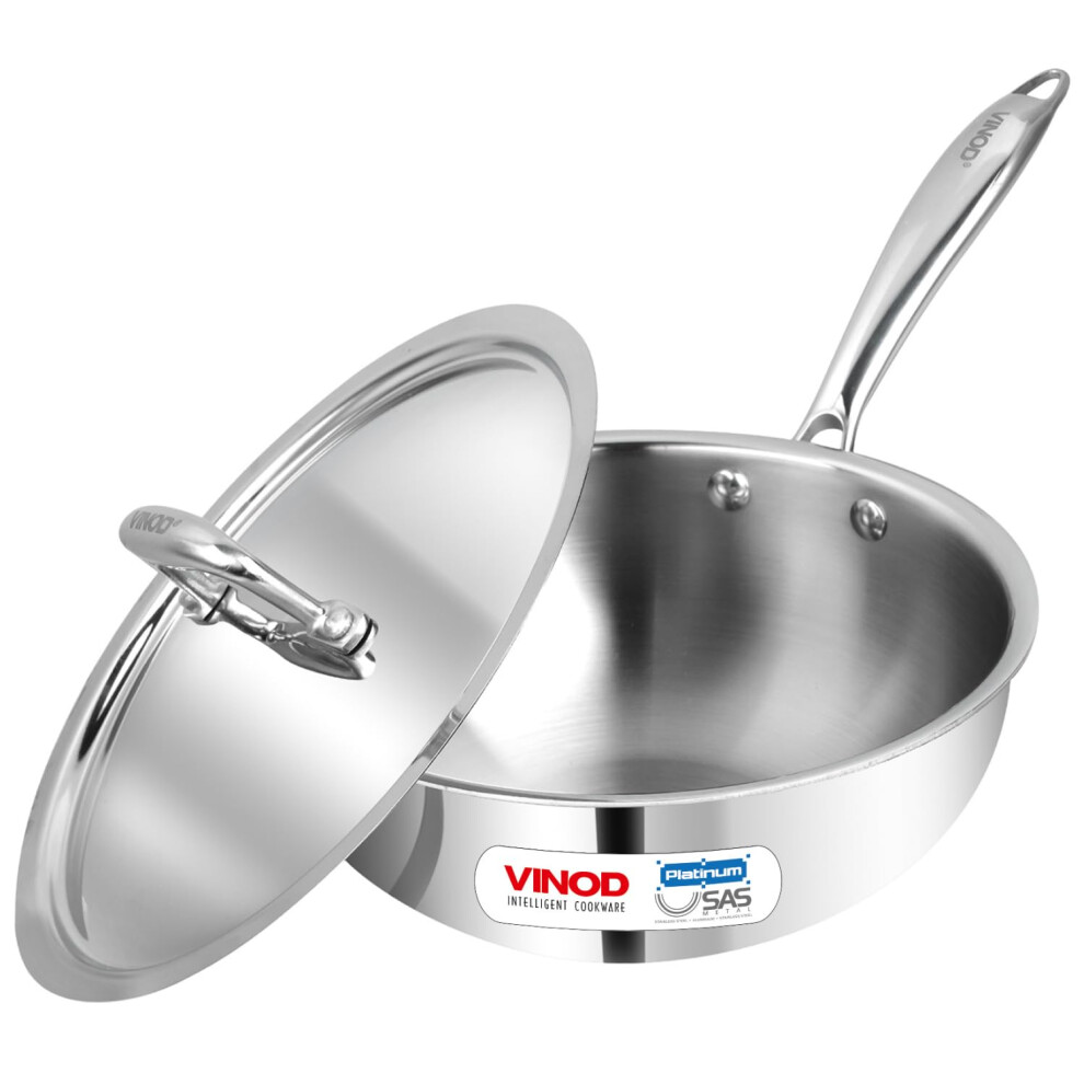 Vinod Platinum Triply Stainless Steel Deep Frypan with Stainless Steel Lid - 22 cm Diameter, with Riveted Sturdy Handle (Induction and Gas Stove