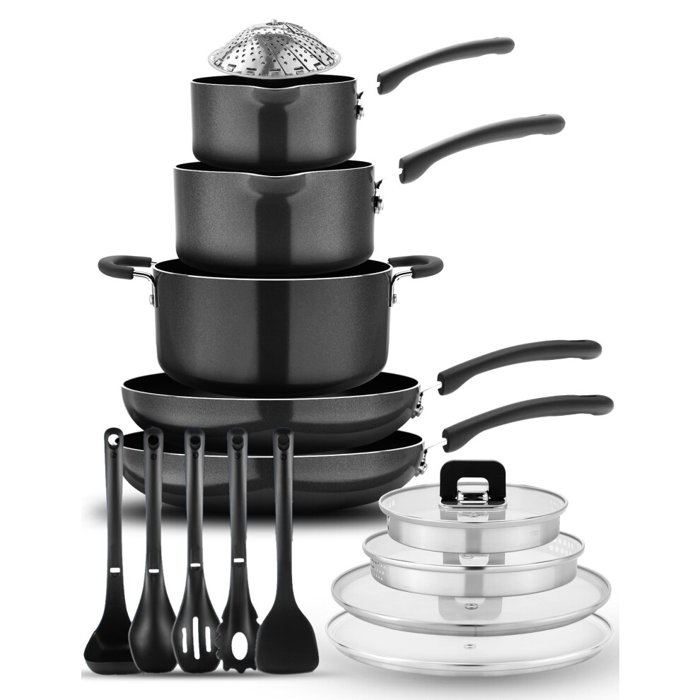 NutriChef 17pcs Stackable Pots and Pan, Stainless Steel Set Nonstick, Induction Cookware with Foldable Knob, Space Saving, Nylon Tools, Black, One-image-OPC-PG9DKM9-NEW