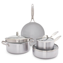 GreenPan Venice Pro Tri-Ply Stainless Steel Healthy Ceramic Non-Stick 7 Piece Cookware Pots and Pans Set, PFAS Free, Multi Clad, Induction, Oven Safe,
