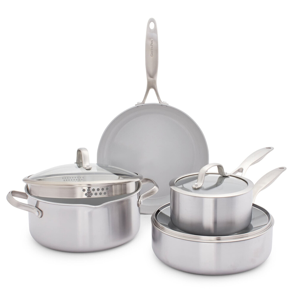 GreenPan Venice Pro Tri-Ply Stainless Steel Healthy Ceramic Non-Stick 7 Piece Cookware Pots and Pans Set, PFAS Free, Multi Clad, Induction, Oven Safe,