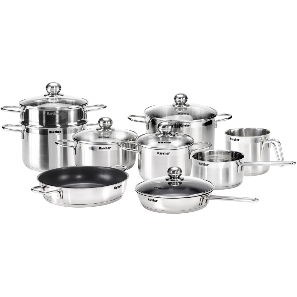 Kärcher Karcher Jette Cookware Set With Pans, Stainless Steel, 14-Piece With 5 Glass Lids