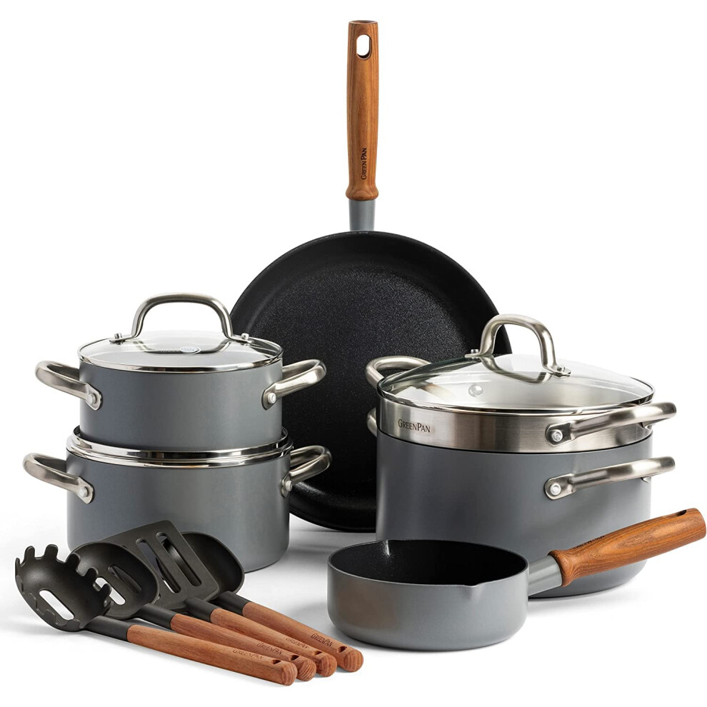 GreenPan Mayflower Pro Hard Anodized Healthy Ceramic Nonstick, 13 Piece Cookware Set, Inclu. Fry Pan Saucepan & Stockpot, Vintage Wood Handle,