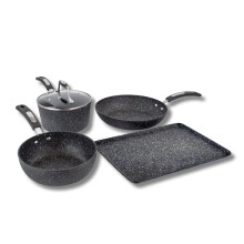 Scoville Neverstick 4 Piece Kitchen Cookware Set - Frying Pan, Wok, Baking Tray, Saucepan - Ideal for Beginners, Home Movers, Students - Black
