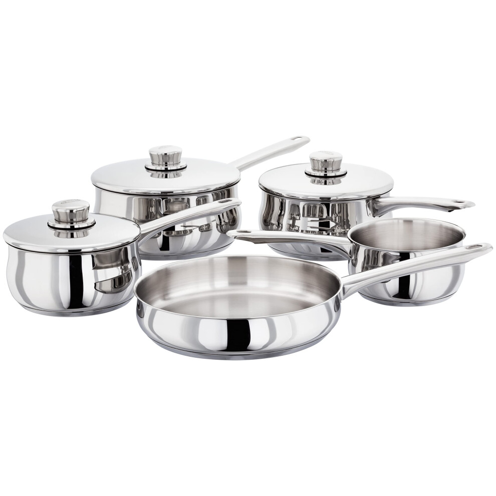 Stellar 1000 Set of 5 Stainless Steel Pans, 20cm, 18cm, 16cm Deep Saucepans, Lids, 24cm Frying Pan, Milk Pan, Induction Ready - Fully Guaranteed