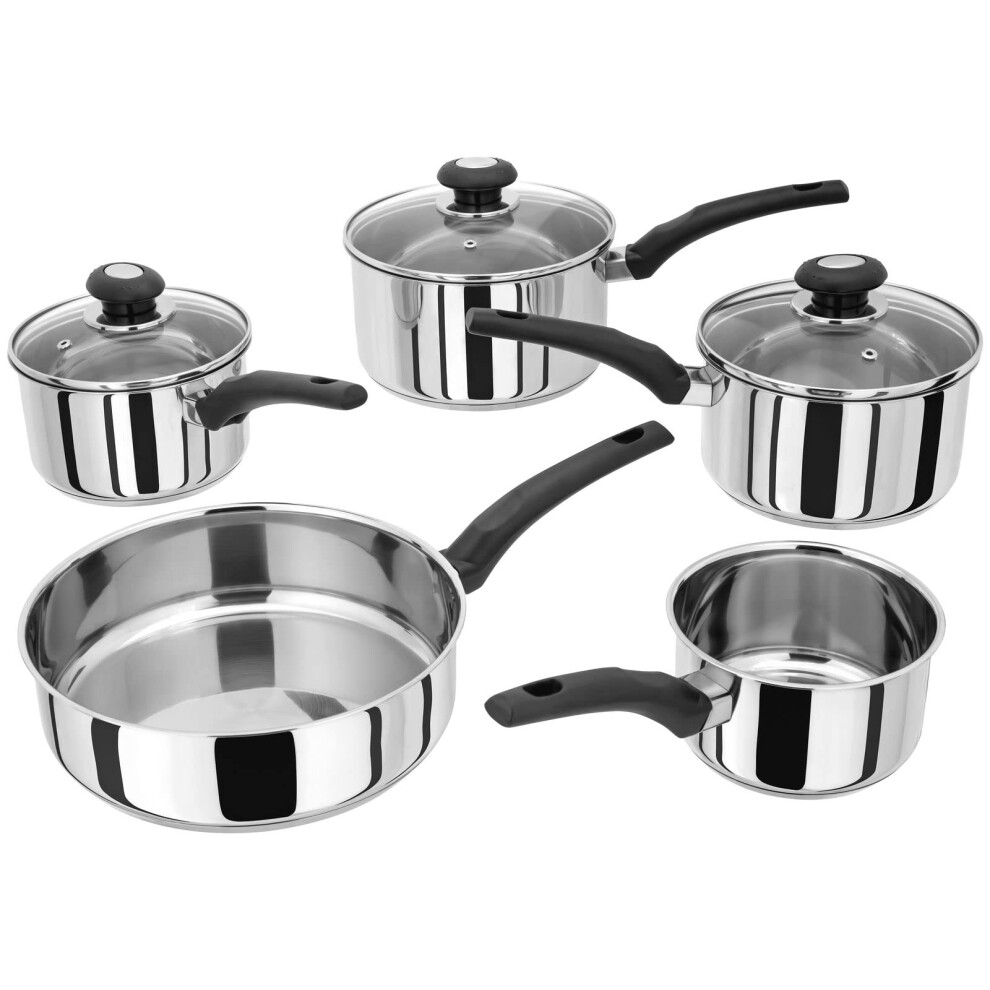Judge Essentials Stainless Steel Set of Pans, 5-Piece Set, 14cm Milk Pan, 26cm Frying Pan, 16cm, 18cm & 20cm Saucepans with Vented Glass Lids,