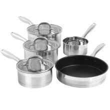 Salter BW06746 Timeless 5-Piece Stainless Steel Pan Set Induction Ready, 16/18/20cm Saucepans, 14cm Milk Pan & 24cm Frying Pan, Tempered Glass Lids