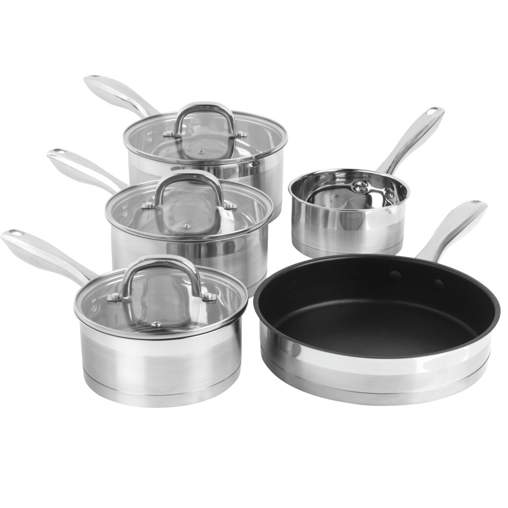 Salter BW06746 Timeless 5-Piece Stainless Steel Pan Set Induction Ready, 16/18/20cm Saucepans, 14cm Milk Pan & 24cm Frying Pan, Tempered Glass Lids-image-OPC-PG9DKYW-NEW