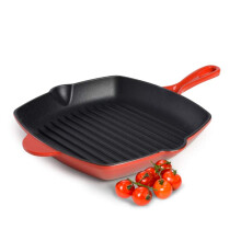 ProCook Square Cast Iron Griddle Pan (Red, 26cm) Professional Heavy Grill Pan Induction Hob Compatible, 25 Year Guarantee