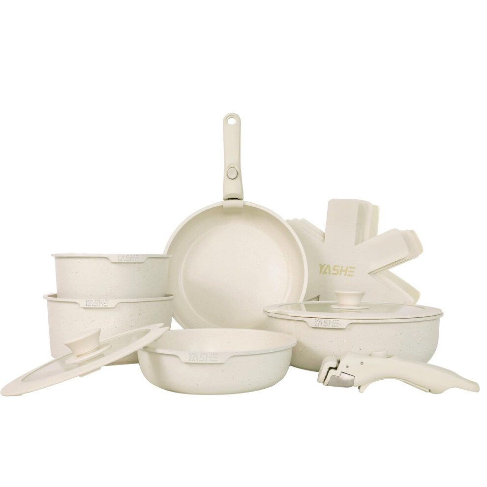 YASHE 13Pcs Pots and Pans Sets Non Stick, Kitchen Cookware Sets, Induction Pan Set for RV Set, Pans with Detachable Handle, Granite White, Oven Safe,-image-OPC-PG9DM9W-NEW