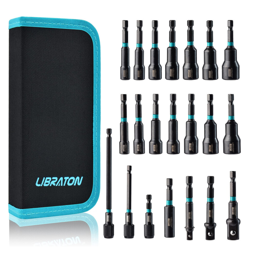 Libraton 21Pcs Magnetic Nut Driver Set, Impact Drill Driver Bit Set 1/4", Metric And Sae Nut Driver, Impact Socket Adapters, Bit Holder, Quick-Release 630808009327