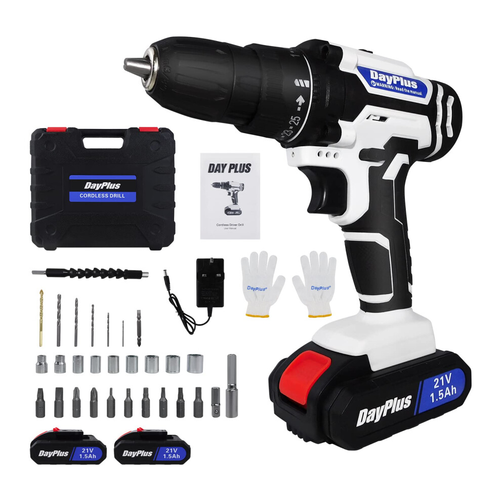 Feidak Cordless Combi Drill & Impact Driver Set With 2X 21V 1500Mah Li-Ion, 1 Hour Quick Charge, Variable Speed, 25+1 Torque Setting, 45N.m Torque, Double