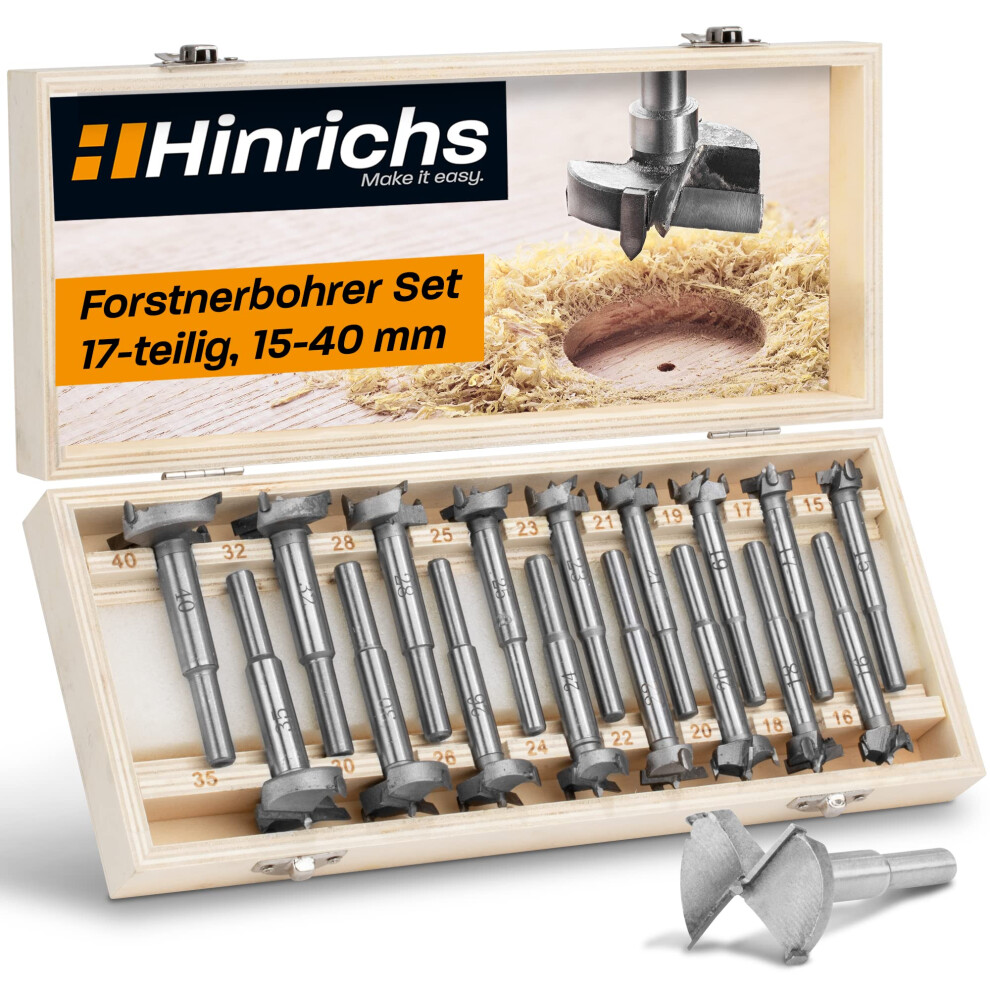 Hinrichs Forstner Bits Set 17 Pieces in wooden case - Forstner Drill Bit Set 15mm to 40mm - Wood drills - Forstner - Forstner Bit Set - Hinge Cutter -