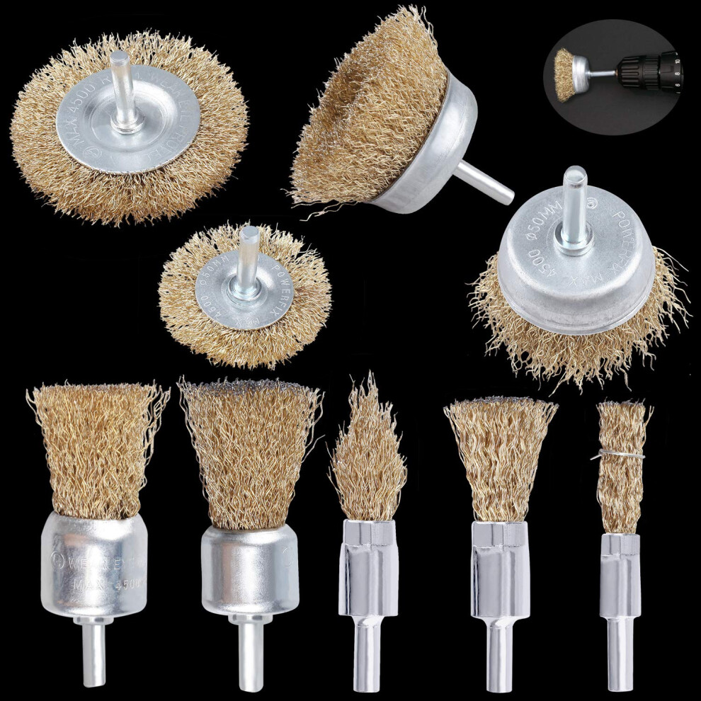 Hoiny Wire Brush For Drill, 10Pcs Brass Coated Wire Wheel For Drill, Multi Sizes Rotary Wire Brush Drill Attachment For Cleaning Rust,Removing Paint