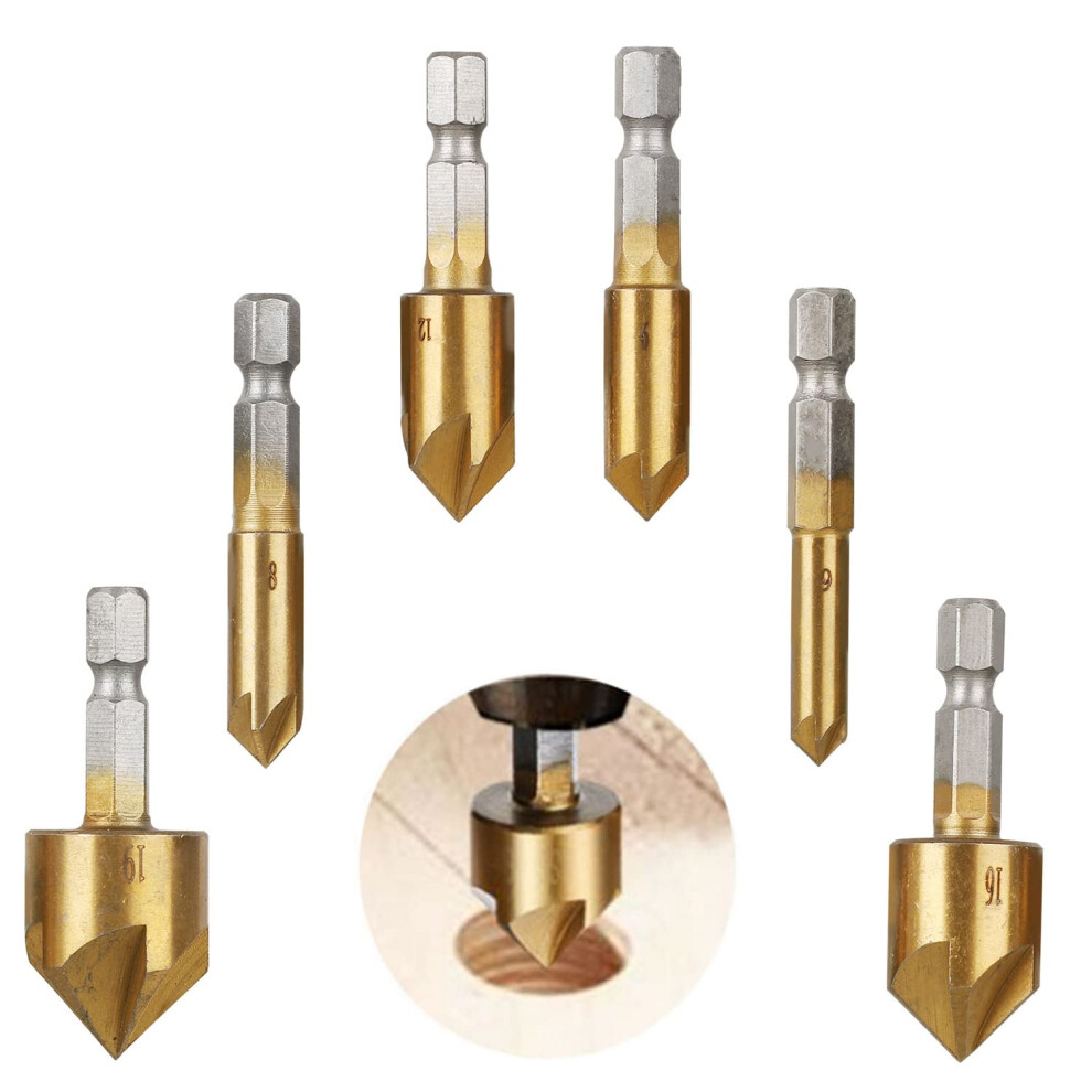 Ceeysee 6 Pcs Hex Countersink Drill Bit Set 5 Flute 90 Degree Center Countersink Bits For Wood Quick Change Bit 6Mm-19Mm 753858168742