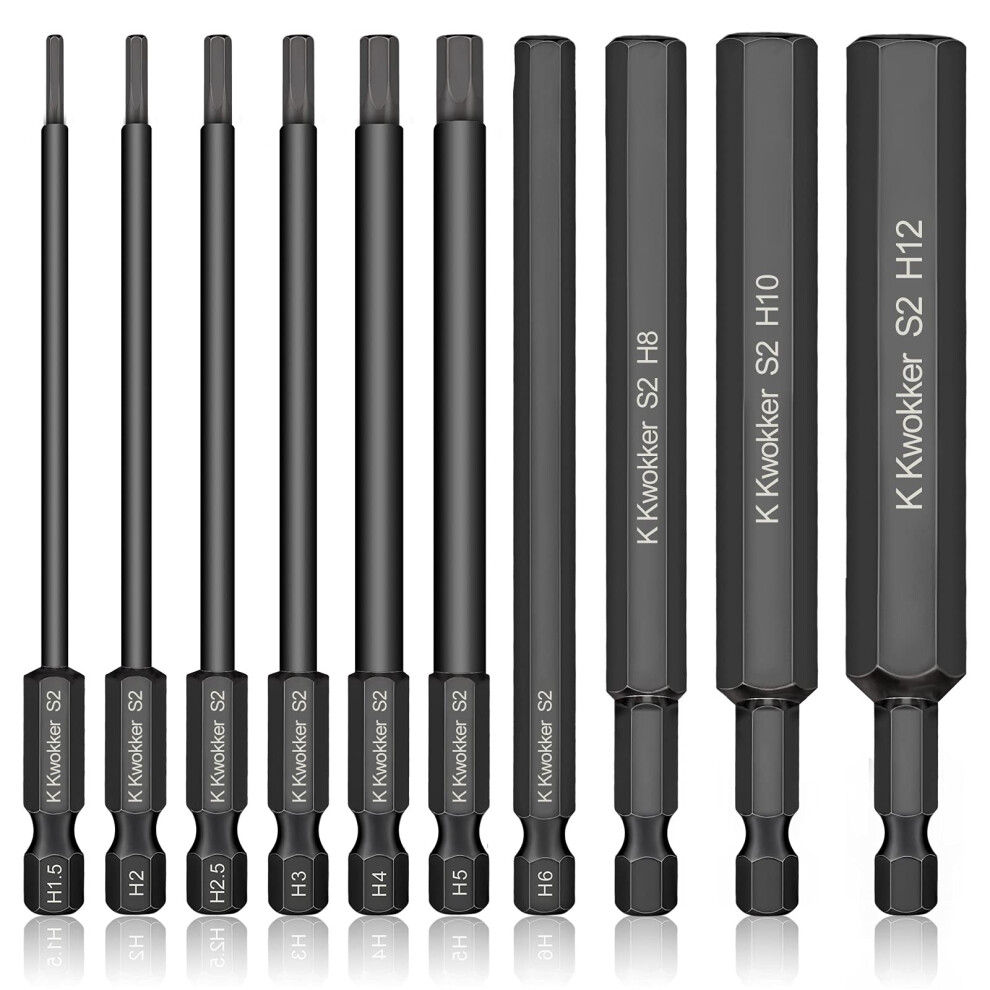 K Kwokker 10Pcs 100Mm Allen Wrench Drill Bits, 1.5Mm-12Mm Black Allen Key Bit Set, 1/4 Inch Hex Shank Hex Screwdriver Bit Set For Assembling Furniture 750875654586